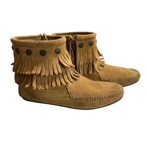 Minnetonka Ankle Leather Fringe Moccasin Tan Boots Size 6.5
